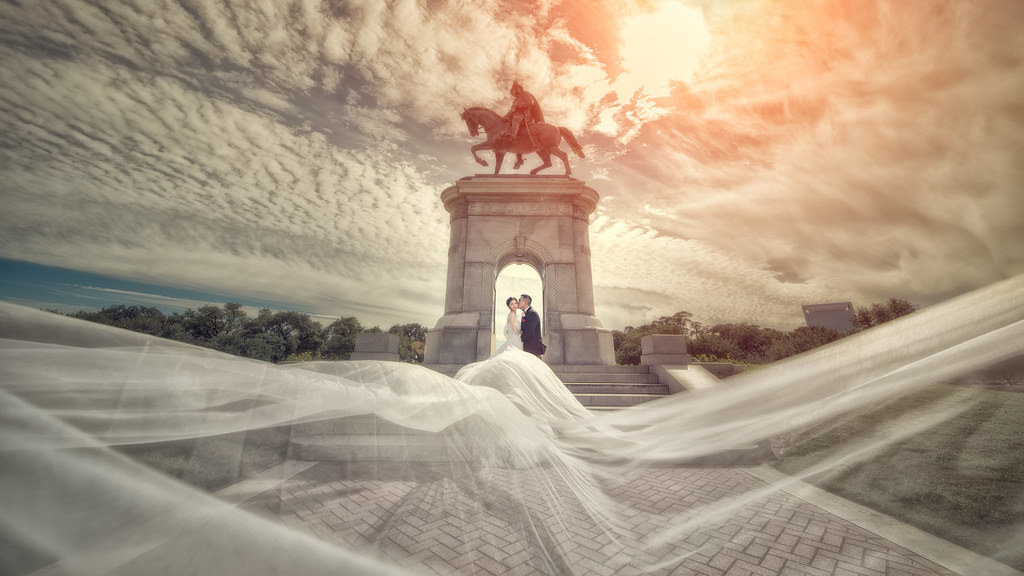 Wedding portrait at the Sam Houston Monument in Hermann Park